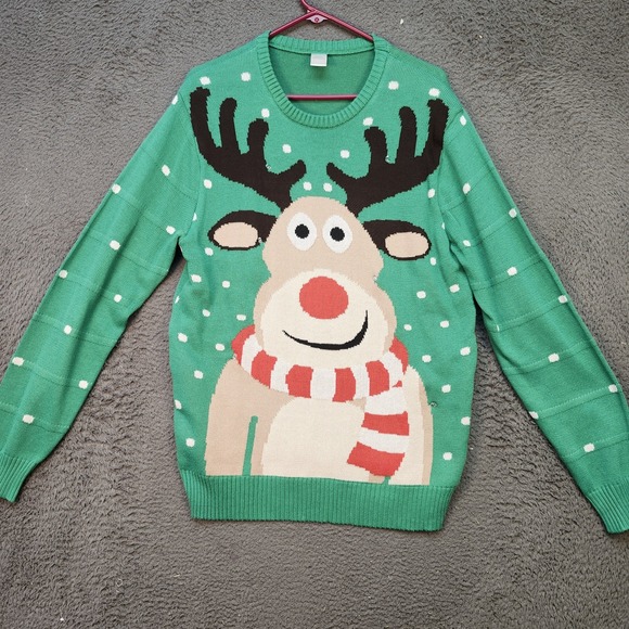 Reindeer Christmas Sweater Womens One Size Knit Holiday Ugly Pullover Novelty Fu - Picture 1 of 6